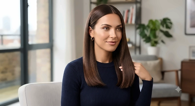 Model with a sleek, straight hairstyle achieved using professional hair straighteners