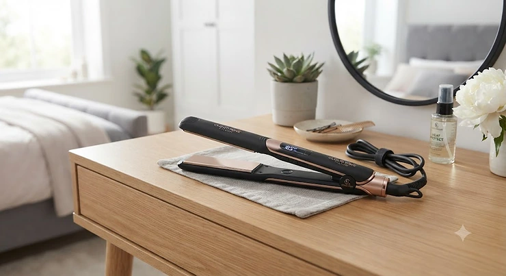 A pair of professional titanium hair straighteners resting on a modern dressing table in a bright, clean bedroom setting.