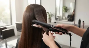 Professional hair straighteners with ceramic plates creating salon quality results