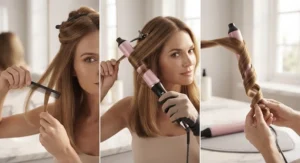 Step-by-step visual guide showing how to use a curling wand on medium-length hair