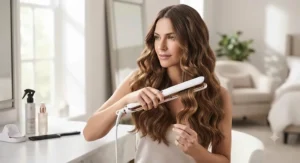 Using ceramic hair straighteners to create soft, natural-looking waves in long hair.