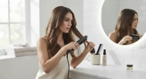 Creating sleek, shiny hair styles using ceramic straighteners in a bathroom mirror setting