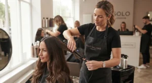 A professional hair stylist in a UK salon using advanced titanium hair straighteners to create a frizz-free hairstyle.