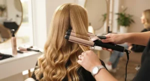 A three-barrel hair waver creating glossy mermaid waves on long blonde hair