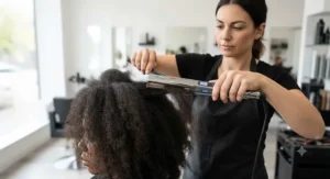 Professional stylist using high-heat titanium straighteners to tame thick, coarse hair