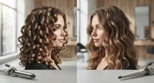 Difference in curl results showing bouncy ringlets from tongs and loose waves from a wand