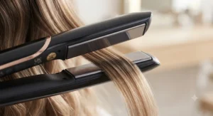 Close-up of premium ceramic plates on the best hair straighteners available in the UK, demonstrating smooth gliding.