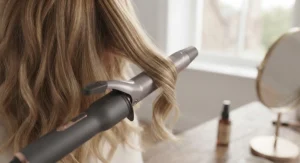 Close-up of ceramic curling tongs wrapping blonde hair to achieve bouncy, natural-looking beachy waves.