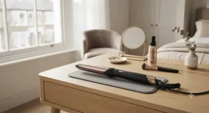 Top-rated hair curling wand resting on a stylish British bedroom dressing table