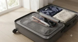 Mini hair straighteners packed neatly inside a suitcase, demonstrating their convenient travel-friendly size.
