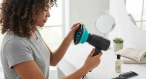 A compact, collapsible diffuser for curly hair being attached to a travel hairdryer.