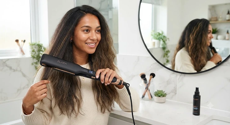 Woman with thick hair using professional wide plate straighteners for efficient styling