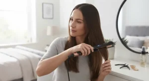 A woman styling her long, healthy hair with premium titanium hair straighteners to achieve a sleek, smooth finish.