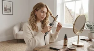 A stylish young woman in a London flat using a tapered curling wand to create loose, tousled beachy waves.