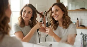 British woman styling her hair using traditional curling tongs with a clamp