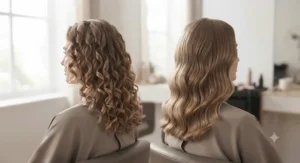 Result comparison showing defined curls from a curling wand versus uniform waves from an automatic curler