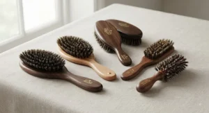 A collection of traditional wooden handled boar bristle hair brushes displayed on a neutral background.