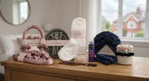 Assortment of British hair accessories and products used for heatless curling methods