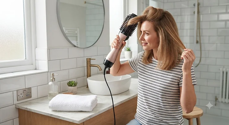 A sleek hot air brush styling fine hair to add volume and bounce in a modern British bathroom, hot air brush for fine hair