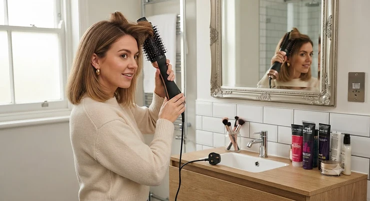 A British woman styling her hair with the best hot air brush for bouncy volume in a bathroom mirror