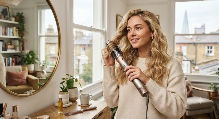 A woman styling her wavy blonde hair with the best multi-styler hair tool in a bright London apartment