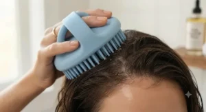 Close-up of a high-quality scalp exfoliating brush for encouraging hair growth.