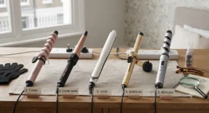 A selection of the best spiral curling irons laid out for a UK beauty product comparison