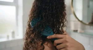 Close-up of a professional wet brush for curly hair gliding smoothly through thick, defined curls.