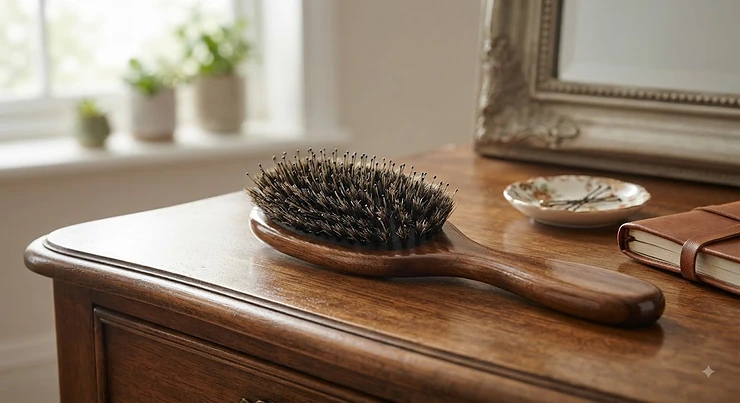A premium boar bristle hair brush resting on a wooden dressing table, ideal for fine hair.