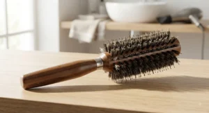 A round wooden barrel brush with boar bristles used for professional blow-drying.