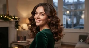 Brunette woman showing off bouncy curls achieved with the best multi-styler hair tool for British party season