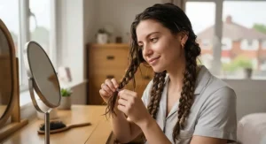 Damp hair styled in loose braids to achieve natural heatless beach waves