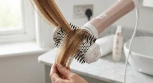 Close-up of a ceramic barrel hot air brush protecting fine hair from heat damage during styling