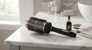 Close-up of a ceramic barrel round brush for volume resting on a marble vanity surface