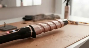 Close-up shot of a ceramic barrel on a top-rated spiral curling iron heating up
