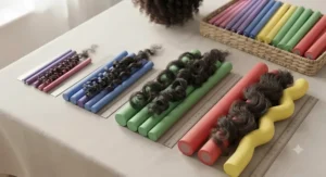 Various sizes and diameters of flexi rods laid out to show options for different curl types