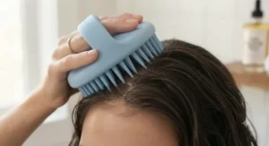 Gentle bristles on a scalp massage brush designed for safe hair growth stimulation.