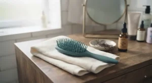 A gentle wet brush for curly hair placed on a vanity, part of an everyday hair care routine.