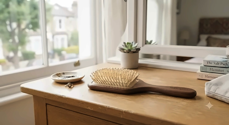 A flat paddle hair brush for fine hair resting on a neutral dressing table in a British bedroom