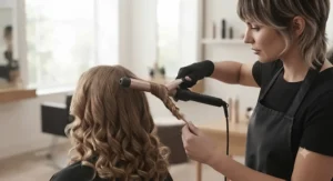 Stylist wrapping hair around a clamp-free curling wand to achieve bouncy curls