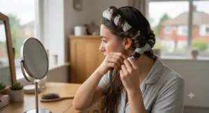 An elastic headband wrapped with sections of hair for easy overnight heatless curls