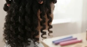 Close-up of defined, bouncy heatless curls created using quality flexi rods on dark hair