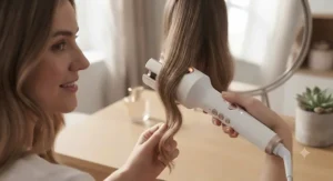 Close-up of a person using an automatic hair curler to create smooth waves