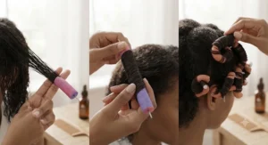 Step-by-step guide showing how to roll damp hair onto foam flexi rods for heatless curls