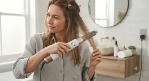 Demonstration of using a lightweight hot air styler on damp fine hair for smooth blow-dry results