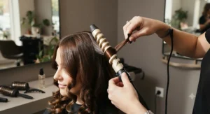 Hairdresser styling glossy cascading ringlets using a high-performance spiral curling iron