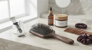A clean paddle brush displayed with hair care accessories suitable for managing thick hair types.