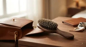 A compact pocket-sized boar bristle brush lying next to a handbag for travel.