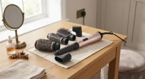 A multi-attachment hot air styling set featuring round brushes and smoothing combs laid out on a dressing table
