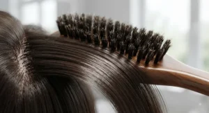 Close-up of natural boar bristles distributing natural oils along long brunette hair.